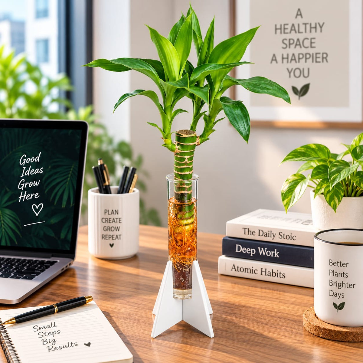 Lucky Bamboo Water Plant in Glass Tube with Star Stand | Desk & Office Décor
