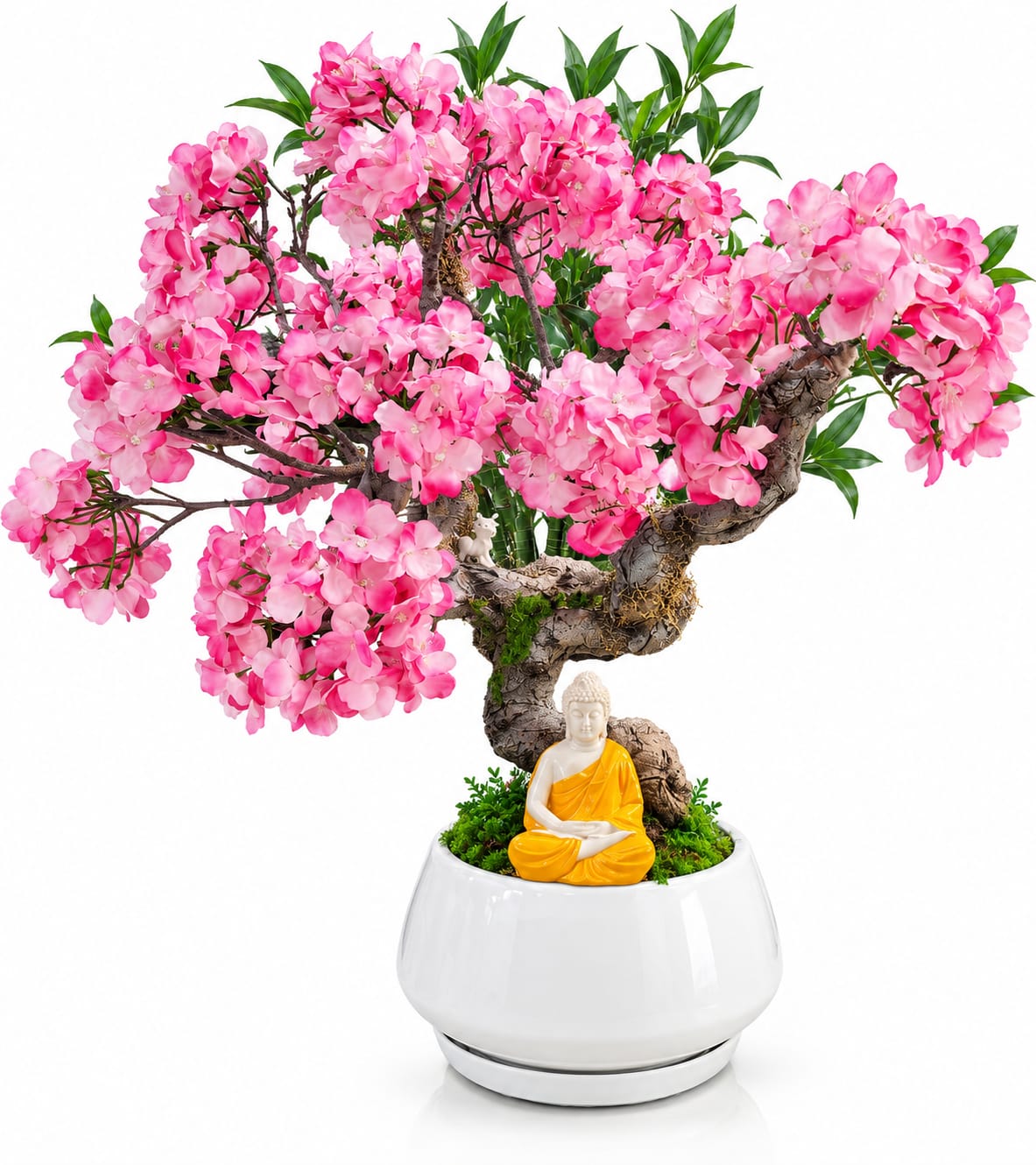 Artificial Flower Bonsai with Real Bonsai Wood in Ceramic Pot | Premium Home & Office Décor