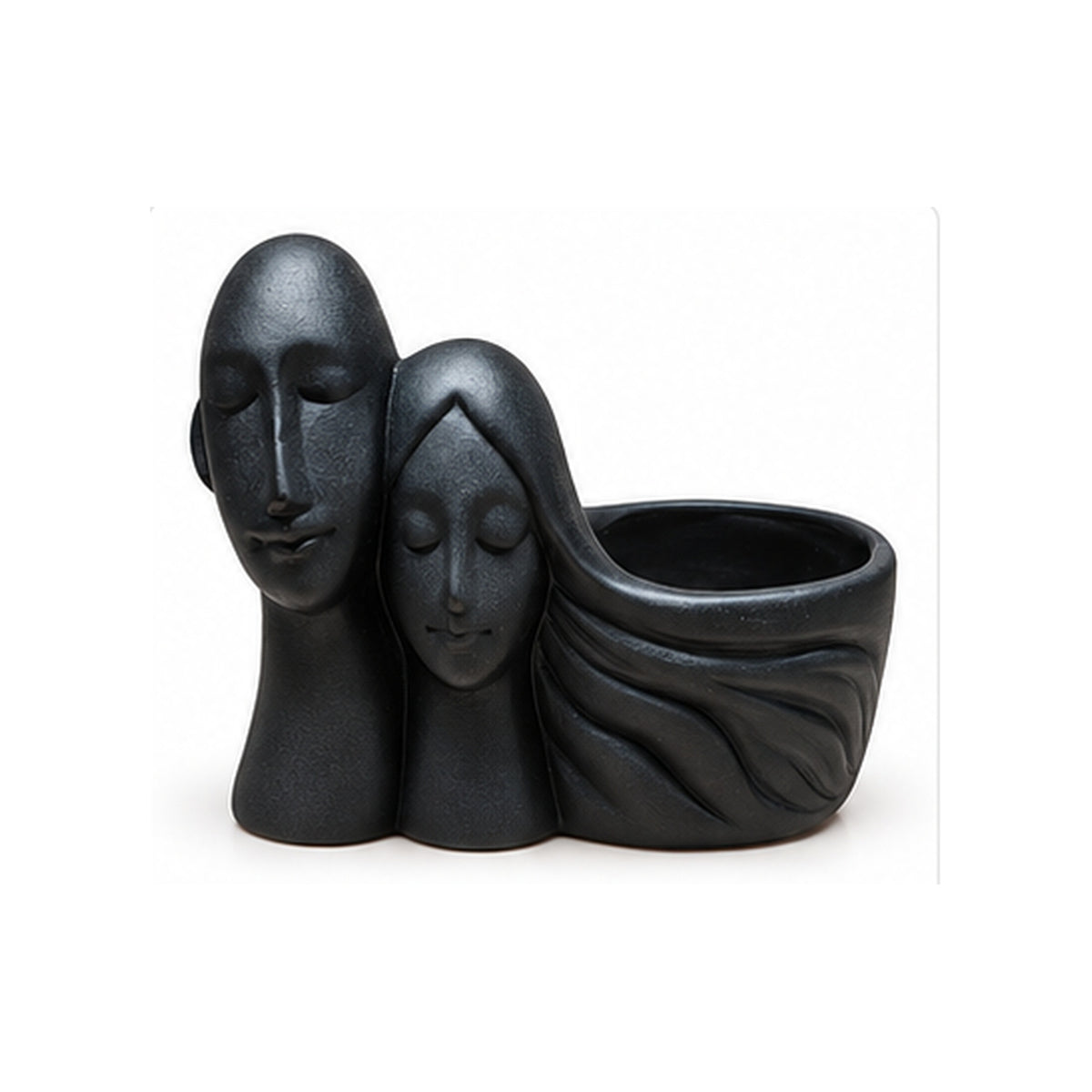 Couple black ceramic planter front view