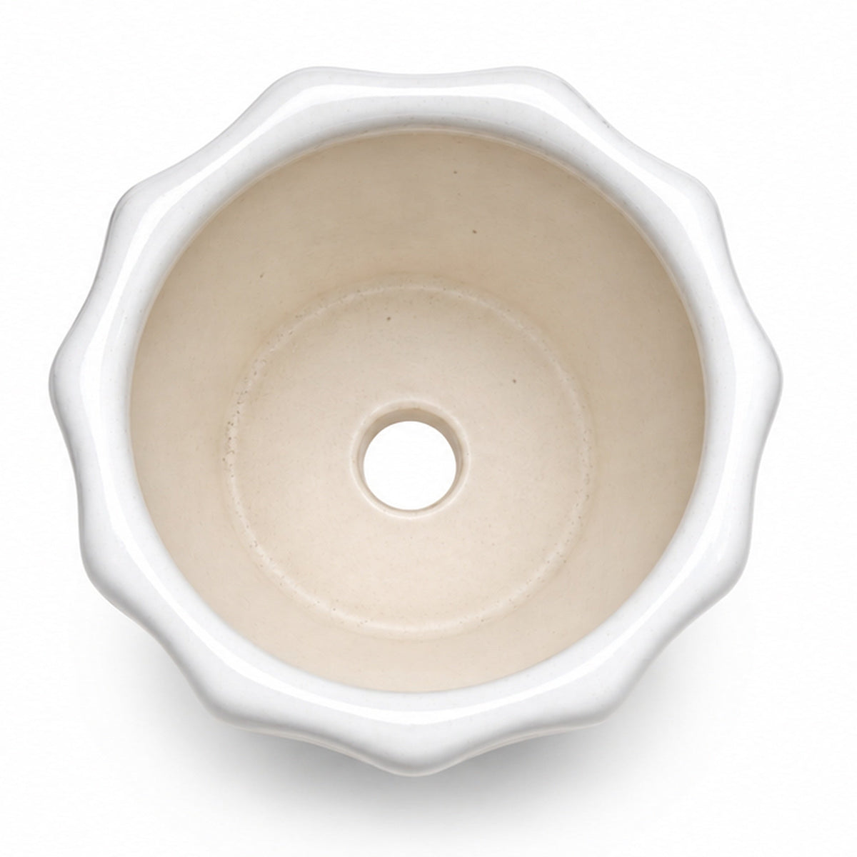 White scalloped ceramic pot 4 inch top view