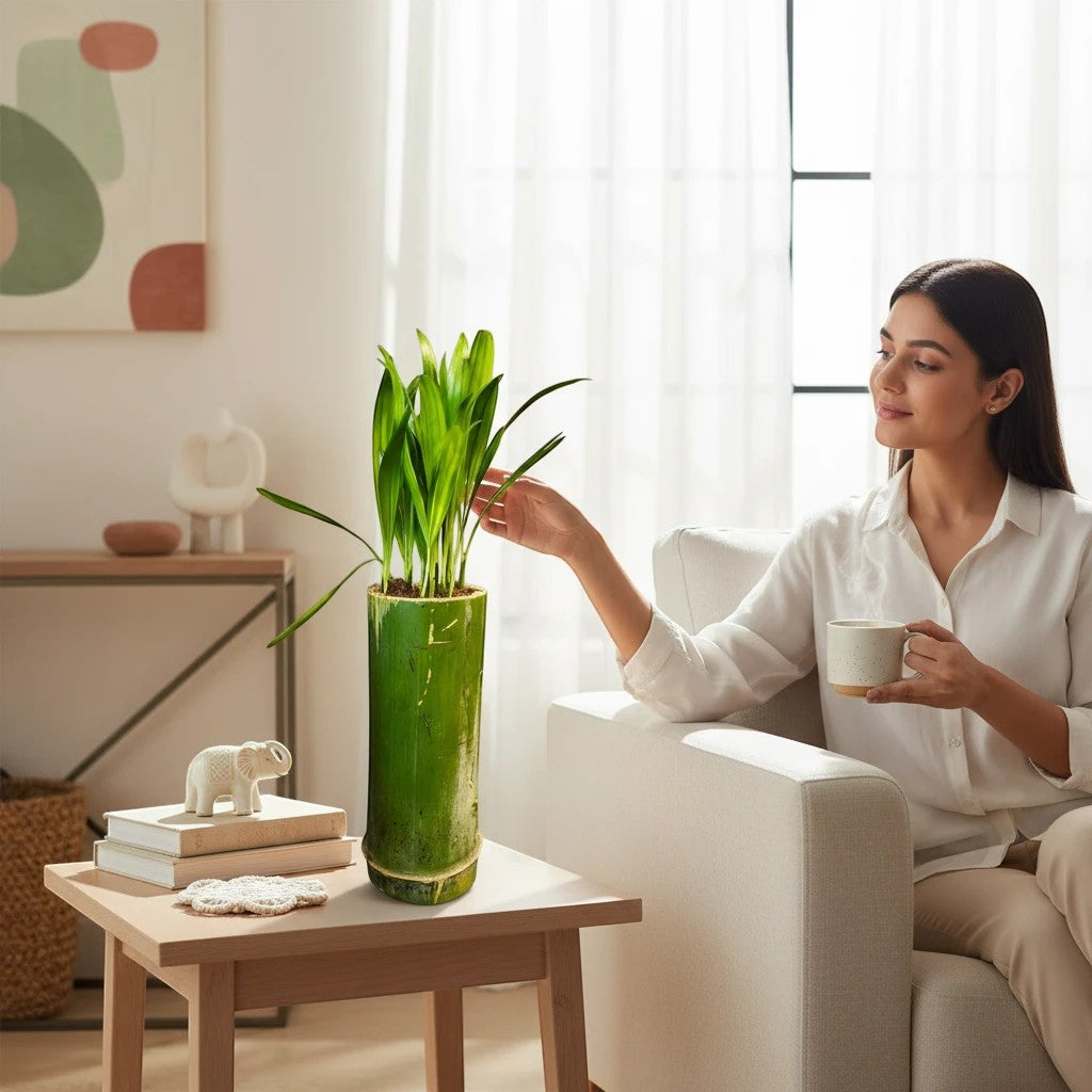 MyPlantMyTaste Areca Palm plant in a natural green bamboo planter, a woman sits nearby holding a mug.