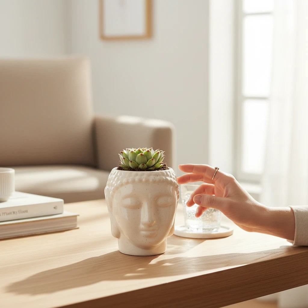 MyPlantMyTaste cream ceramic Buddha face planter with green Echeveria succulent, perfect for minimalist decor.