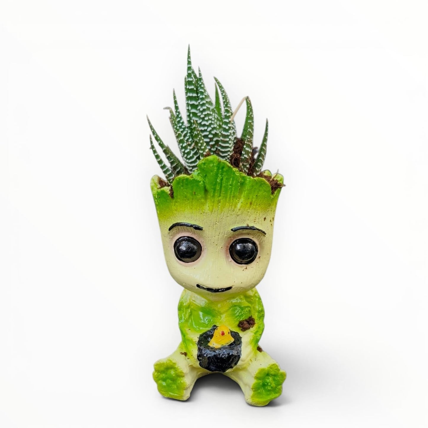 MyPlantMyTaste Haworthia succulent in a cute Groot character resin planter, featuring zebra stripes.