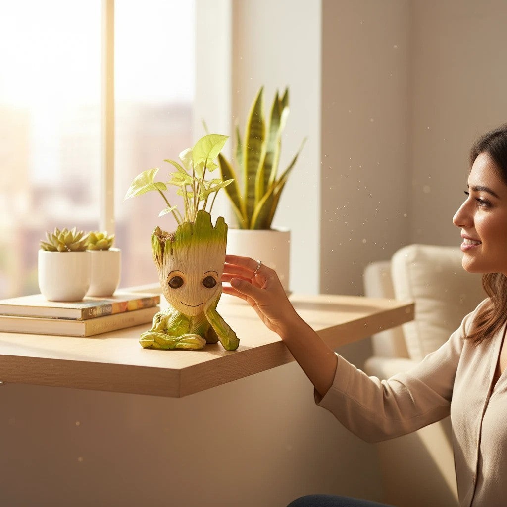 MyPlantMyTaste Syngonium plant in a cute green Groot resin planter on a wooden desk with a woman's hand touching it.