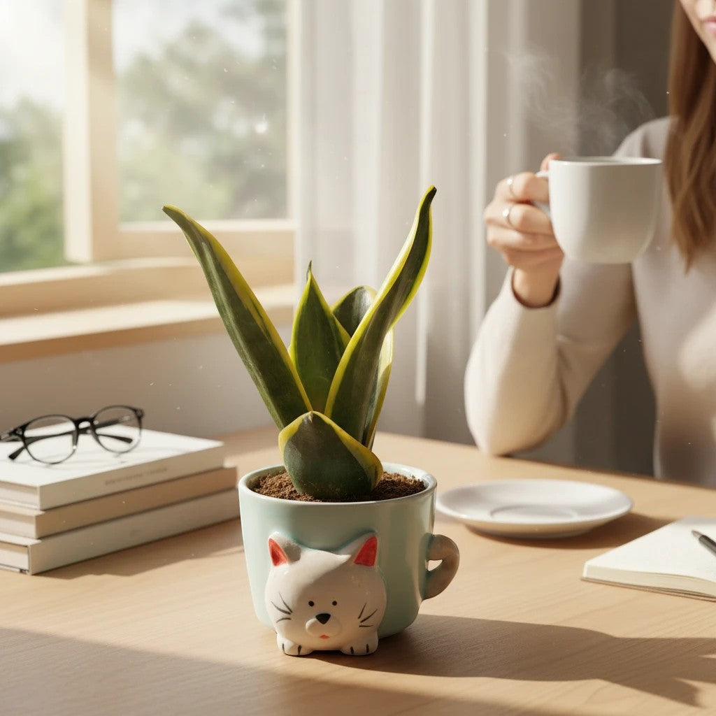 MyPlantMyTaste Snake Plant in a cute light blue ceramic planter shaped like a cat's face. The plant has green and yellow striped leaves.