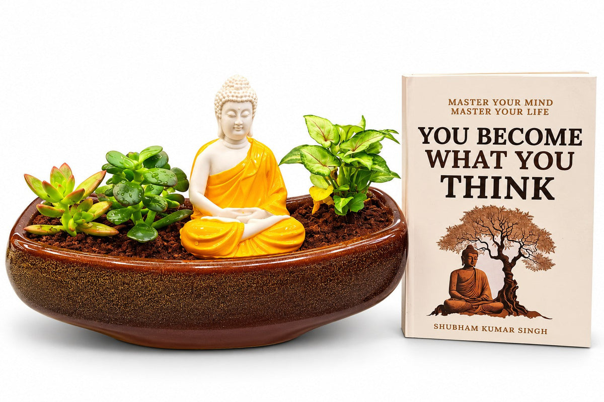Buddha Zen Garden planter with live plants and included You Become What You Think book