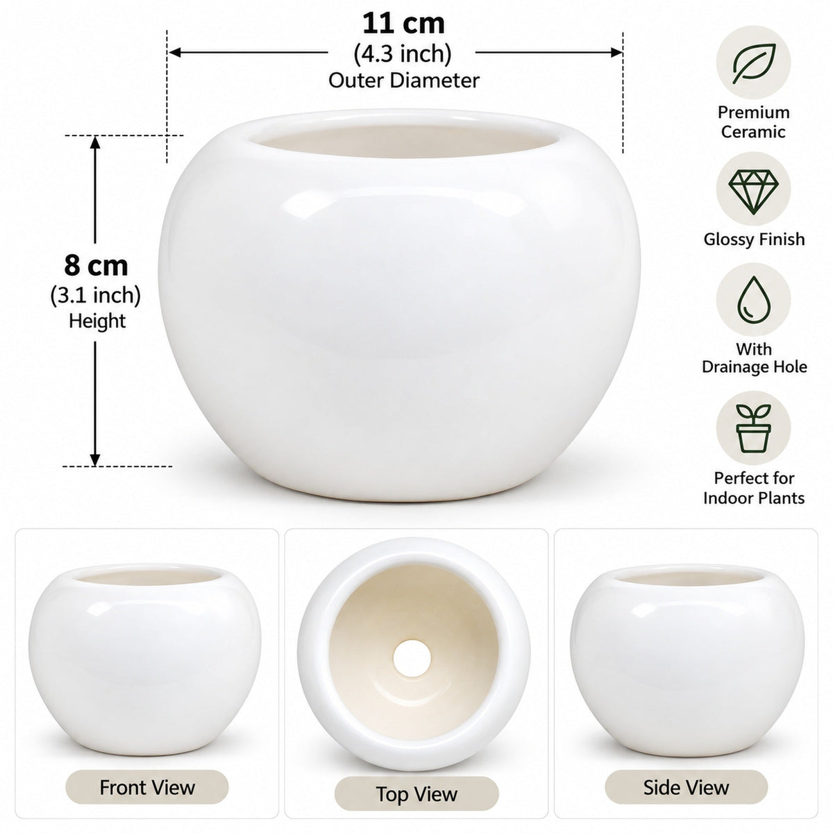 Cloud Apple Small white ceramic planter 11 cm wide by 8 cm high