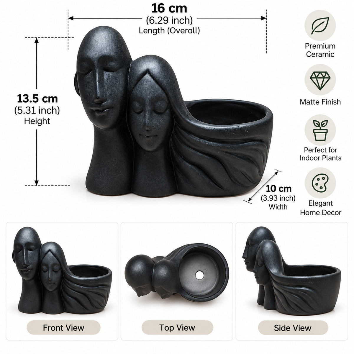 Couple black ceramic planter measurement infographic 16 × 10 × 13.5 cm