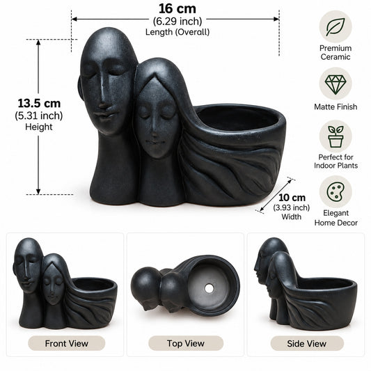 Couple black ceramic planter measurement infographic 16 × 10 × 13.5 cm