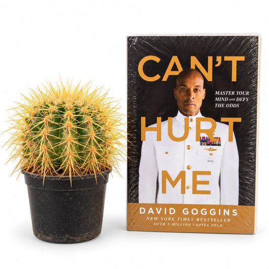 Golden Barrel Cactus with Can't Hurt Me book by David Goggins