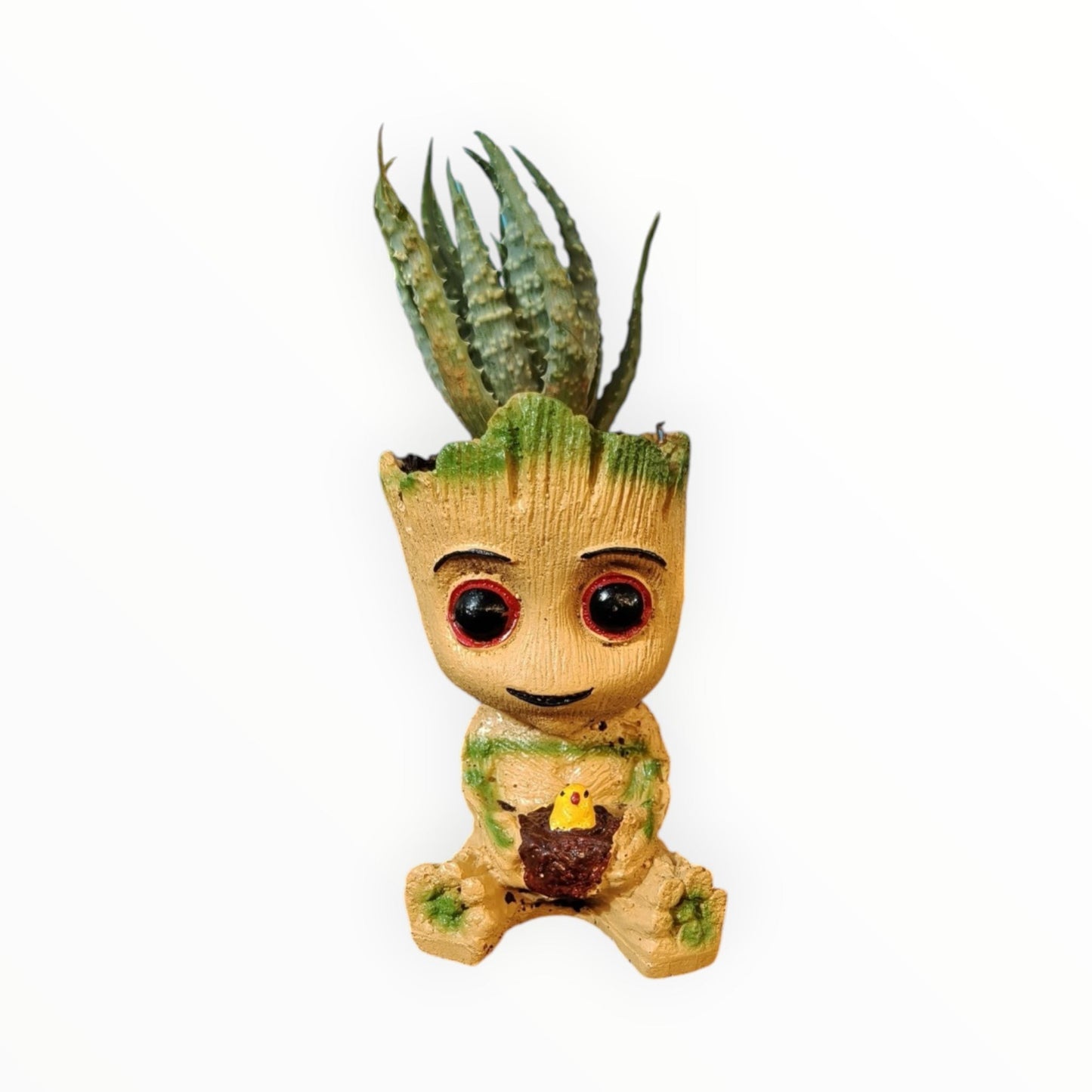 MyPlantMyTaste Baby Groot planter with Haworthia succulent. Resin planter with red eyes and holding a bird.