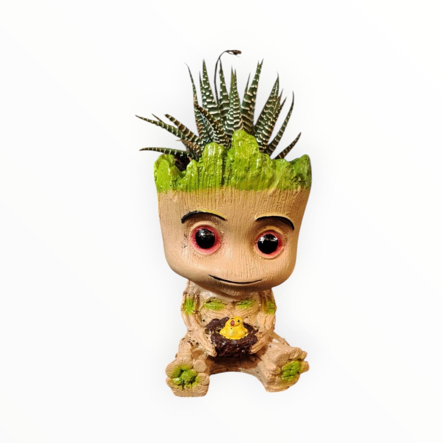 MyPlantMyTaste Baby Groot planter with Zebra Haworthia succulent, featuring red eyes and holding a yellow bird in a nest.
