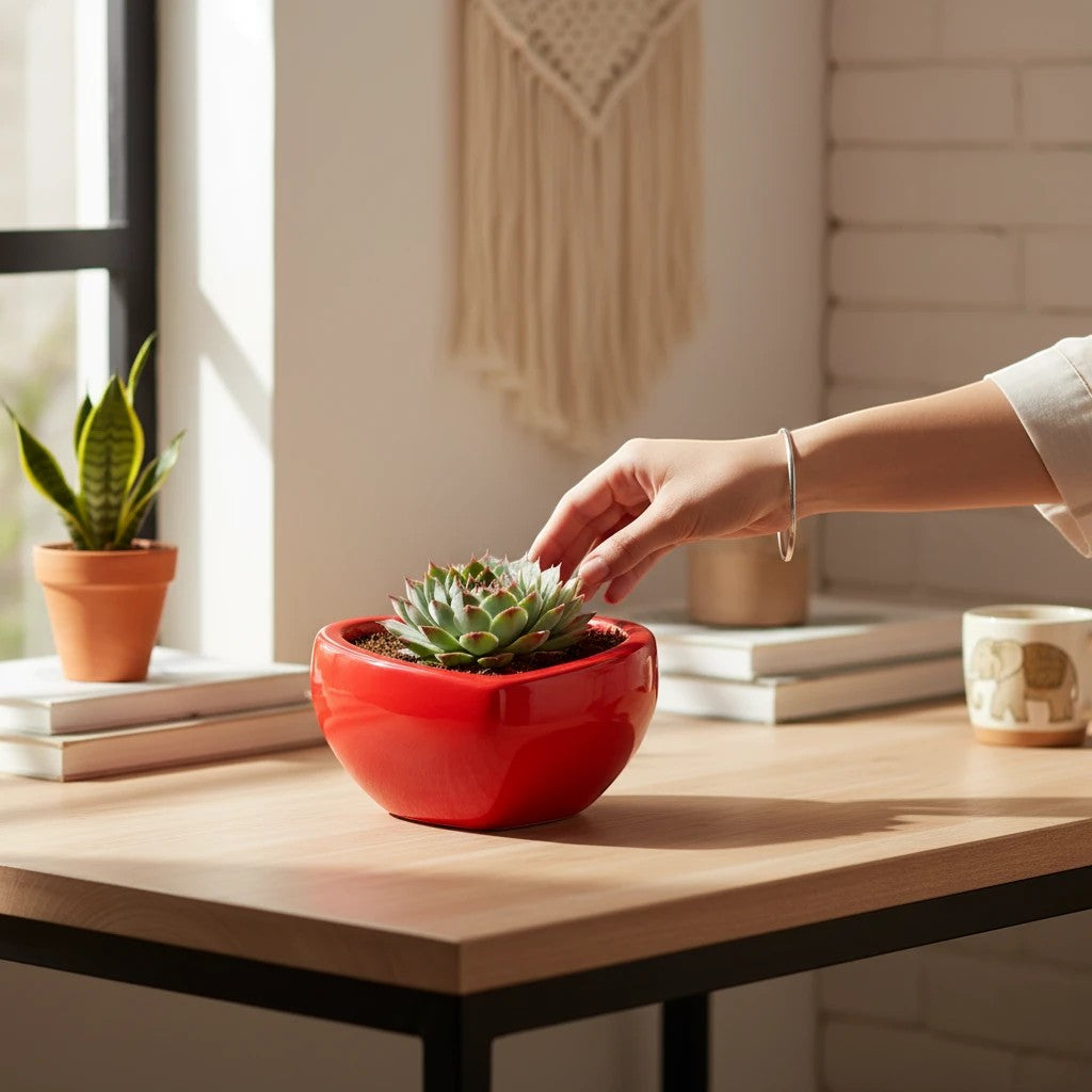 MyPlantMyTaste Echeveria succulent with pink-tipped leaves in a glossy red heart ceramic planter.