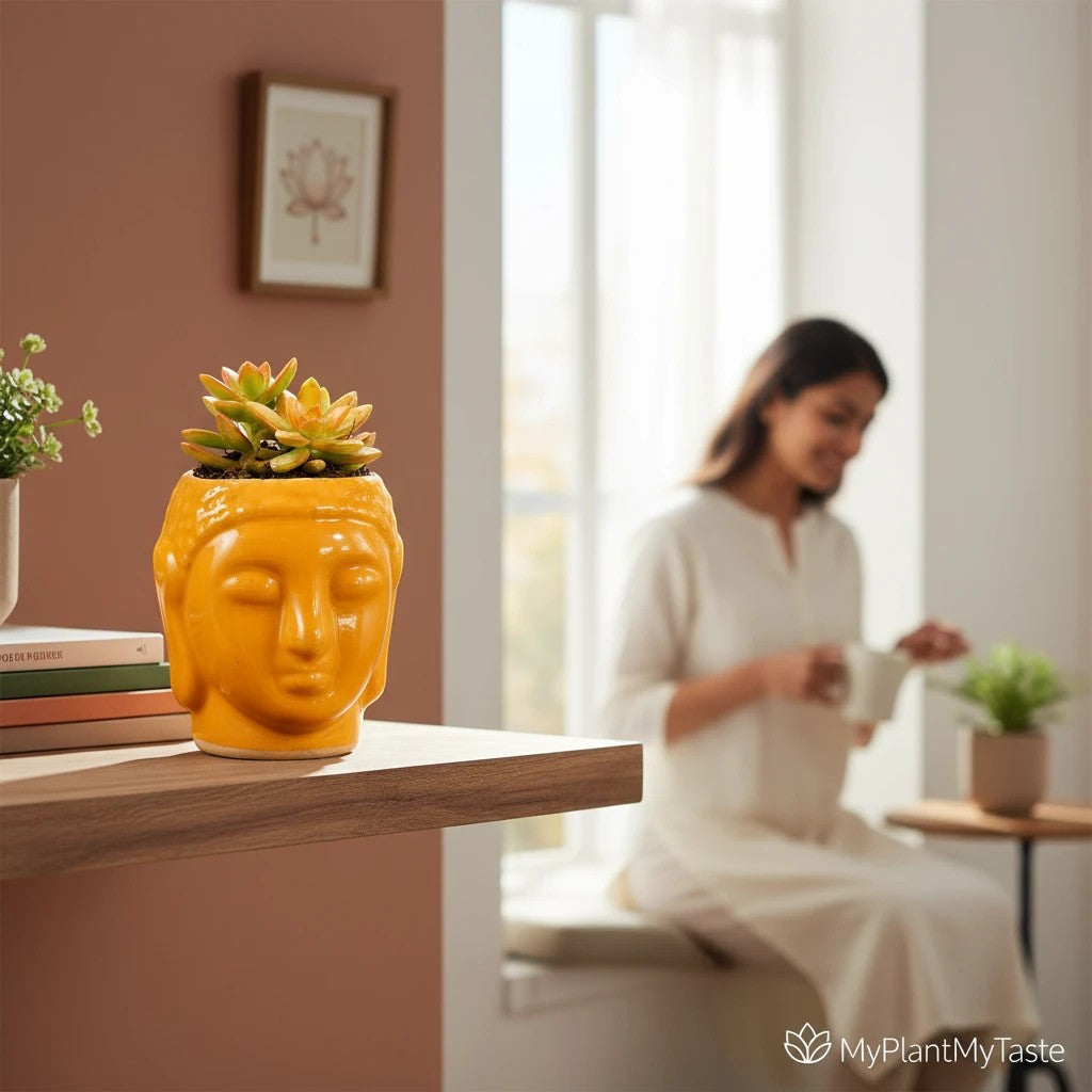 MyPlantMyTaste golden sedum succulent in a glossy yellow Buddha ceramic planter, perfect for desks and shelves.