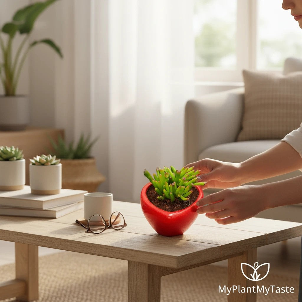 MyPlantMyTaste Gollum Jade succulent in a glossy red heart ceramic planter on a coffee table.