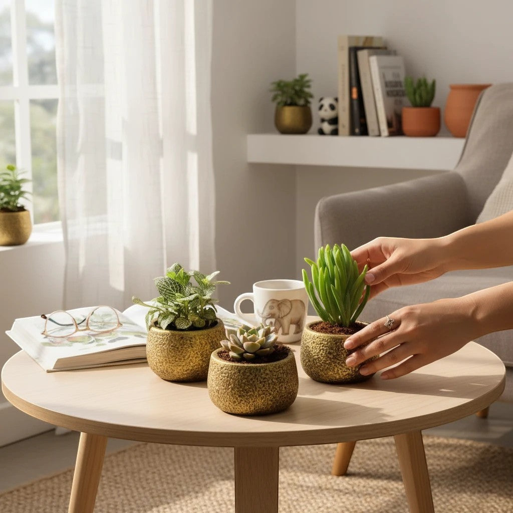 MyPlantMyTaste set of 3 mini assorted plants and succulents in rustic gold textured ceramic pots.