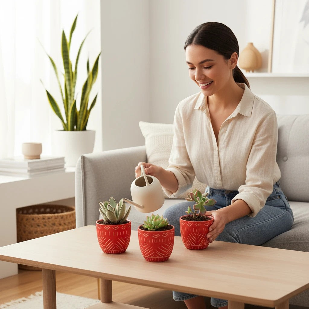 MyPlantMyTaste set of 3 mini succulents in red textured ceramic pots, a woman waters them on a coffee table.