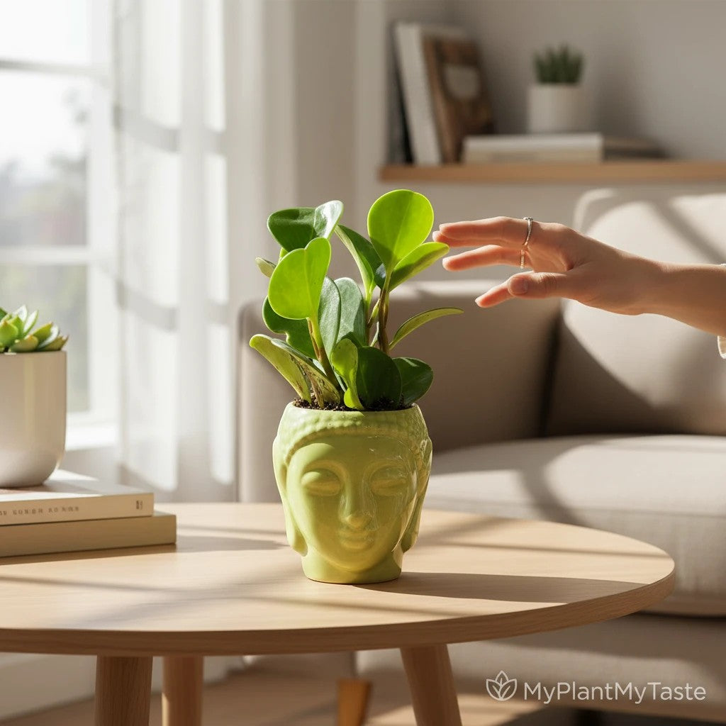 MyPlantMyTaste Peperomia Green plant in a glossy green Buddha face ceramic planter on a wooden table.