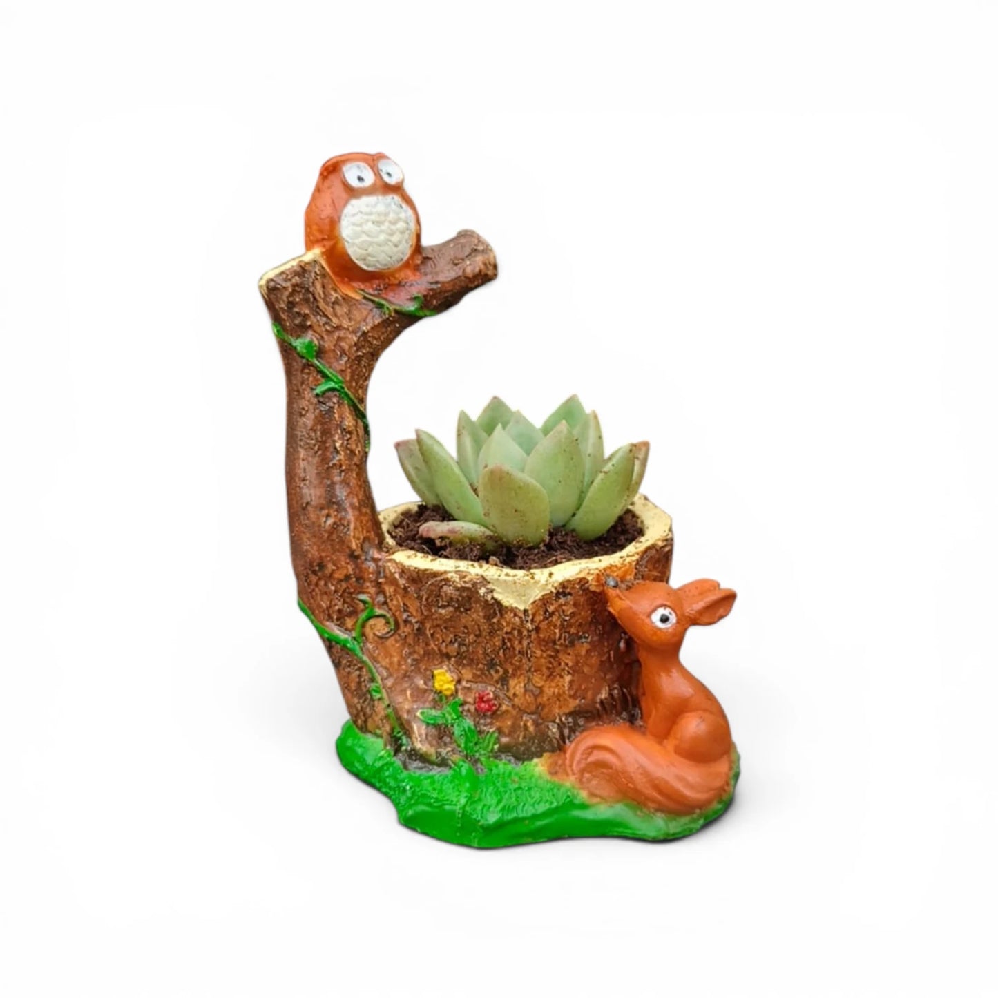 Woodland Tree Stump Succulent Planter with Owl & Squirrel