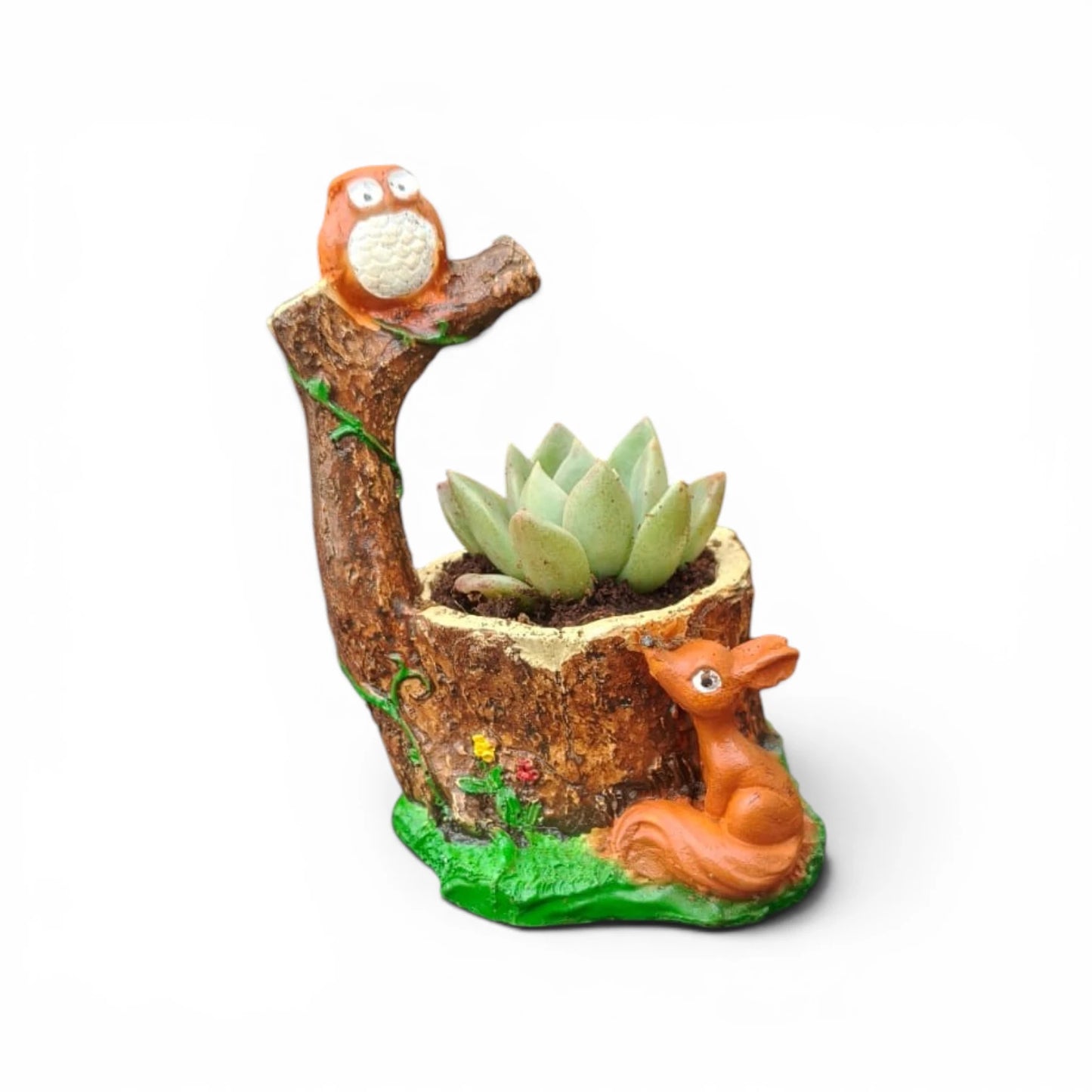 Woodland Tree Stump Succulent Planter with Owl & Squirrel