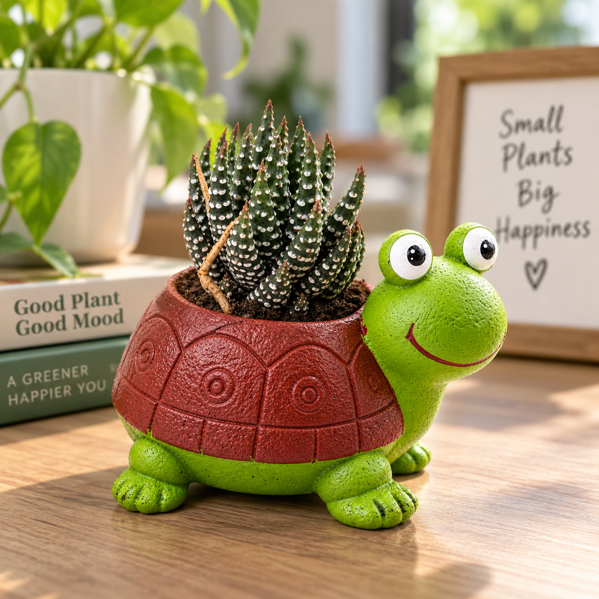 Zebra Haworthia in a cute turtle-shaped planter in a cozy home setting